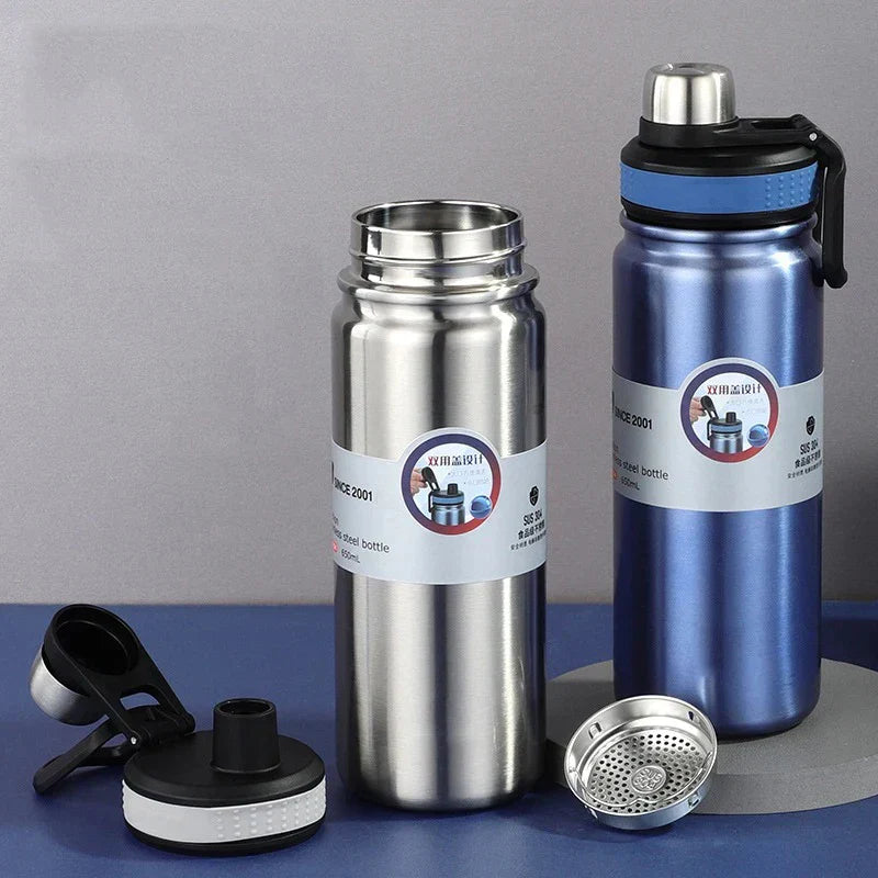 650ml Sport Thermos Water Bottle 304 Stainless Steel Double Lid Sport Kettle Portable Vacuum Flask Keeps Cold and Hot Tumbler